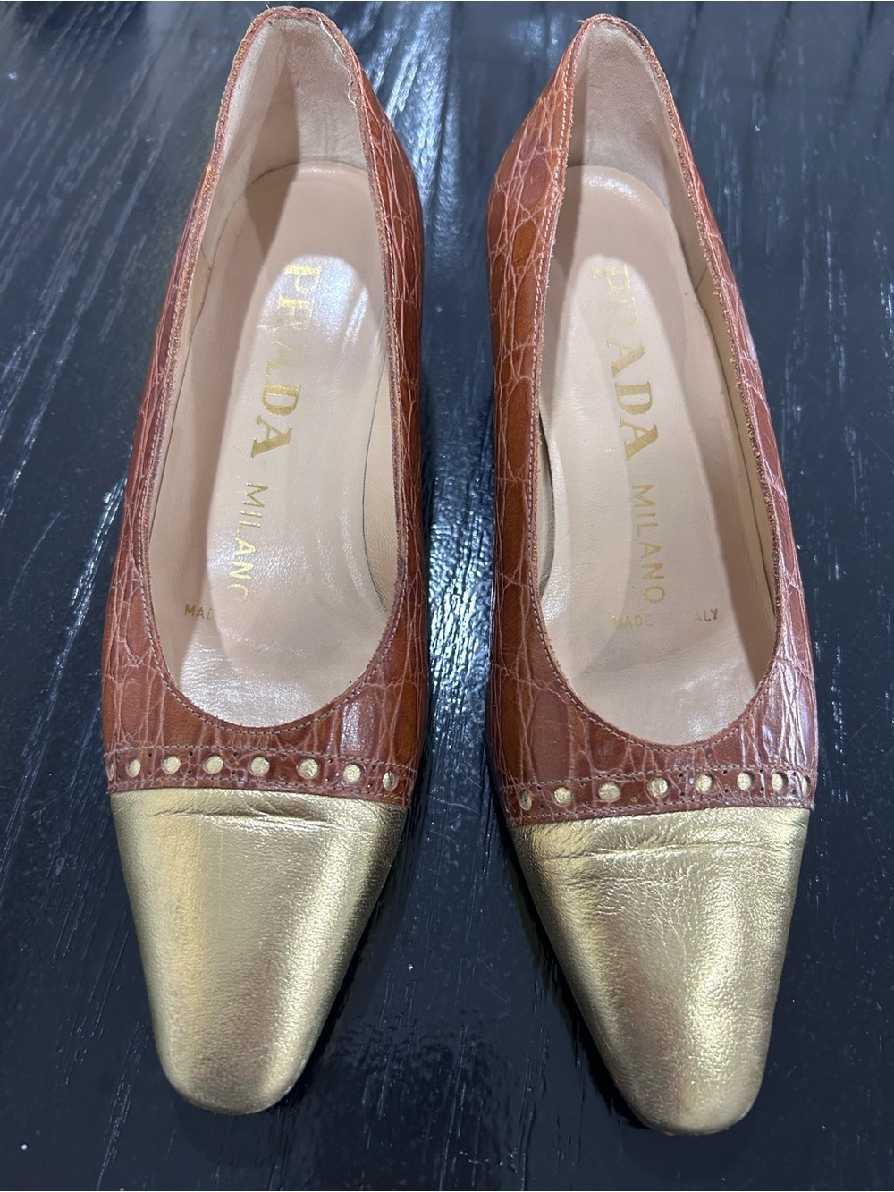 Prada “Croc” Leather Pumps with Gold Cap-Toe and Stud Detail-SZ34